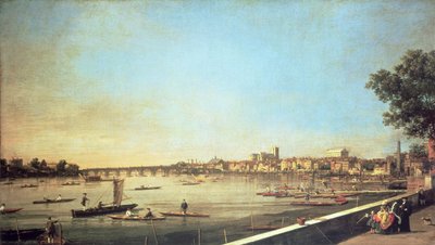 ロンドン、ウェストミンスターのテムズ川、サマセットハウスのテラスからのホワイトホール、c.1750-51 作： Giovanni Antonio Canal