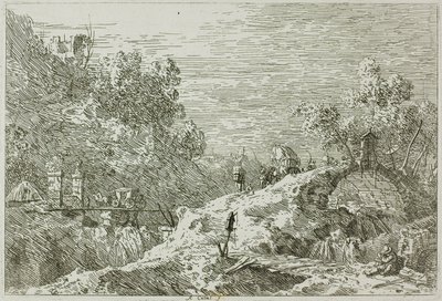 Vedute からの 5 つの橋のある山の風景 作： Canaletto