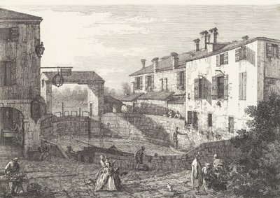 ドロの水門、楕円形の盆地、中央にボート、両側に建物...、1735-46。 作： Canaletto