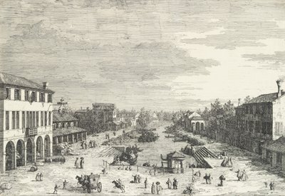 「View...」、1735-46 より、左の宿屋メストレと運河沿いのさまざまな建物の眺め。 作： Canaletto