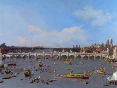 ウェストミンスター橋、テムズ川の上の市長の行列 作： Giovanni Antonio Canal
