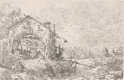 左はアーケードの下の井戸から水を汲む女性、右は風景、1..., 1717-68. 作： Canaletto