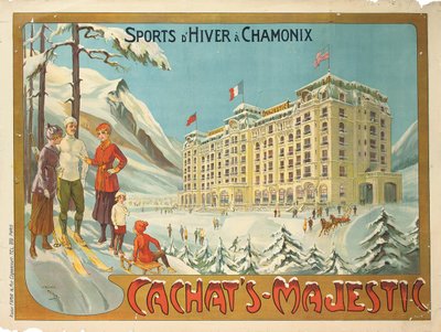 ホテル「Cachat&39;s Majestic」の宣伝ポスター、およびシャモニーでのウィンタースポーツ、1910年頃 作： Candido Aragonez de Faria