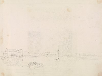 メディナ川の対岸から見たボートと大きな建物のスケッチ 作： Capt. Thomas Hastings
