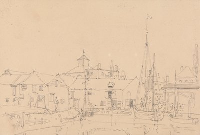 村に隣接して係留された帆船のスケッチ 作： Capt. Thomas Hastings