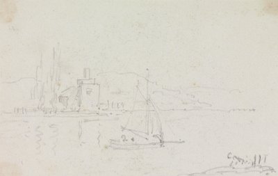 帆船と岸辺の建物のスケッチ 作： Capt. Thomas Hastings
