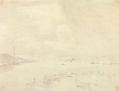 ワイト島の前景に桟橋がある海辺の風景のスケッチ 作： Capt. Thomas Hastings