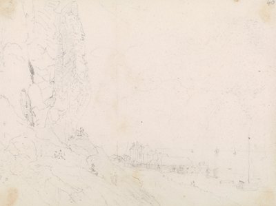 崖の近くの海辺の村のスケッチ 作： Capt. Thomas Hastings