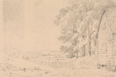 Luonnos olkikattoisesta rakennuksesta ja joesta sen takana 作： Capt. Thomas Hastings