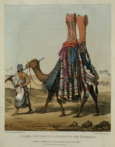 「北アフリカの旅の物語」、パブからデニス・ダイトン（1792-1827）プレート16によって刻まれた、夫に花嫁を運ぶキャメル。 1821 作： Captain George Francis Lyon