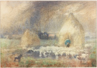 嵐、羊飼い、干し草の山で避難（紙に水彩（カードに貼り付け）） 作： Captain William Brock