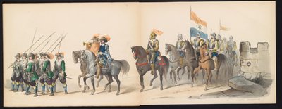 ライデン学生のマスカレード、1850年（プレート13） 1629年のヘルトーヘンボスでのフレデリック・ヘンドリックによるイントクト：H.H. Leydsche Hoogeschool den XI の学生 1850 年 6 月 (オブジェクトのシリーズ タイトル) 作： Carel Christiaan Antony Last