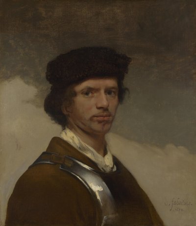 毛皮の帽子と手甲をつけた若者（おそらく自画像） 作： Carel Fabritius