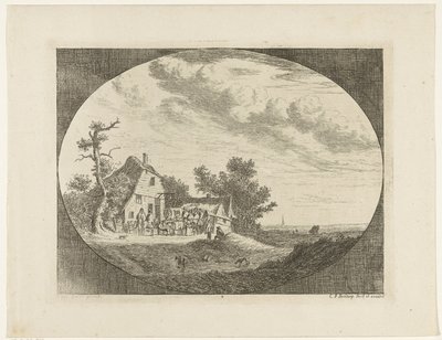 旅館と休憩中の馬と戦車とライダーのいる風景 作： Carel Frederik Bendorp (I)