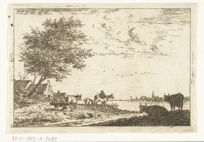 農家と農場で牛と川の風景 風景（シリーズタイトル） 作： Carel Frederik Bendorp (I)