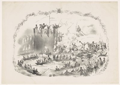1863年、ユトレヒト・ホーゲスクールを閉鎖するトールベッケの計画の漫画 2 つの強力な要素の間の戦い (オブジェクトのタイトル) 作： Carel Hendrik Thiebout
