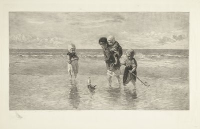 浅い海のビーチでおもちゃのボートで遊ぶ 4 人の子供 海の子供たち 作： Carel Lodewijk Dake