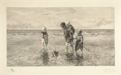 浅い海のビーチでおもちゃのボートで遊ぶ 4 人の子供 海の子供たち 作： Carel Lodewijk Dake
