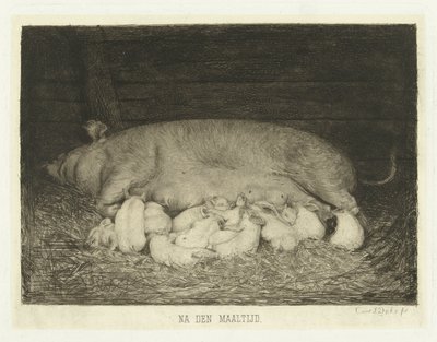 馬小屋に横たわっている子豚と種をまく 食後（対象タイトル） 作： Carel Lodewijk Dake