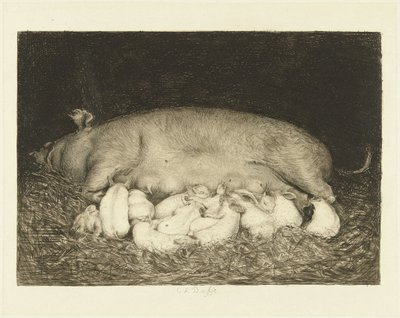 馬小屋に横たわっている子豚と種をまく 作： Carel Lodewijk Dake