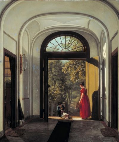 家の玄関にいるアーティストの妻と息子 作： Carel Lodewijk Hansen