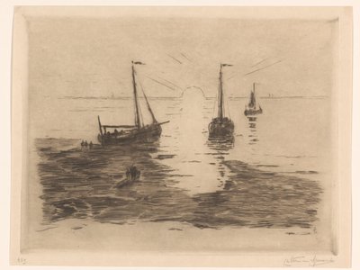 ヨットと夕日の海の風景 夕日（題名） 作： Carel Nicolaas Storm van 