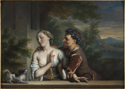 カレル（シャルル）・ド・ムーア（1656-1738）の「女を抱こうとする男」。油彩・キャンバス寸法：33,5x47cmストックホルム国立博物館 作： Carel De Moor