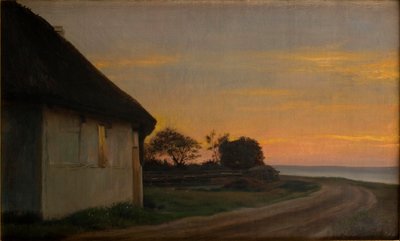 海沿いの家と庭のある夜の風景。エレキルデ 作： Carl Heinrich Bloch