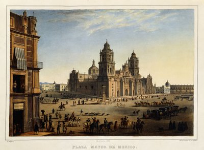 マヨール広場、メキシコ、1839年頃（カラーリトグラフ） 作： Carl (after) Nebel