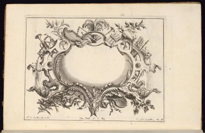 楽器を備えたCartouche、Livre de Cartouches Reguliers（通常のCartouchesの本） 作： Carl Albert von Lespilliez