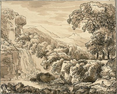 滝と人物のある山の風景 作： Carl August Lebschee