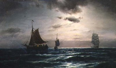 月夜の海に浮かぶ船 作： Carl Bille