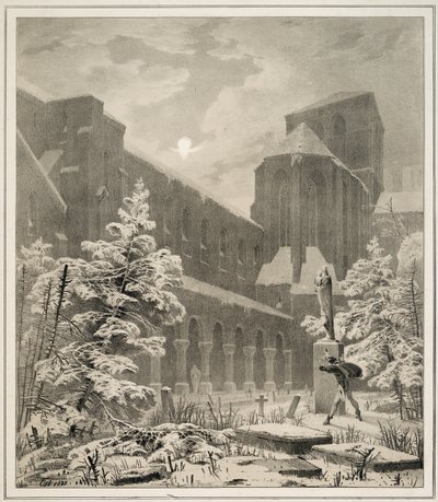 月明かりの雪の中の教会と墓地 作： Carl Blechen