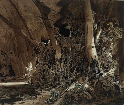 流れる水と2人のハンターがいる森の風景 作： Carl Blechen