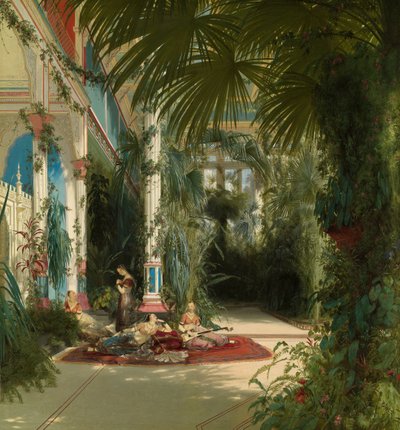 ドイツ語：Das Innere des Palmenhauses auf der Pfaueninsel bei Potsdam ポツダム近郊のファウエンインゼルにあるパームハウスの内部 作： カール・ブレッヘン