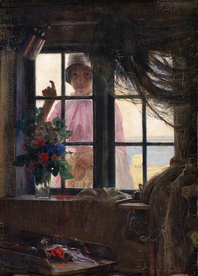 お風呂の後。 漁師の窓をたたく少女 作： Carl Bloch