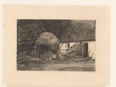 干し草の山と鶏のいる農場 作： Carl Bloch