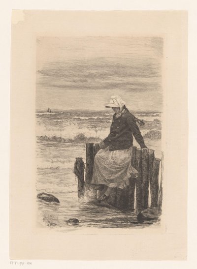 水辺の桟橋に座っている女性 作： Carl Bloch