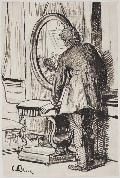 若い男性が鏡で 3 人の女性を見る 作： Carl Bloch