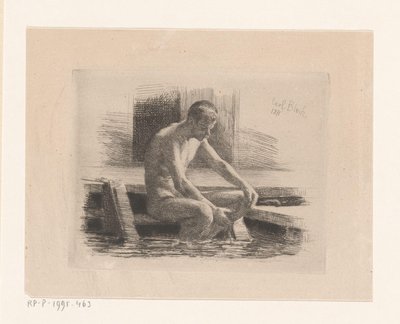 水辺の階段に座っている裸の男 作： Carl Bloch