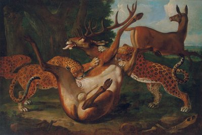 風景の中のシカを襲うヒョウ 作： Carl Borromaus Andreas Ruthart