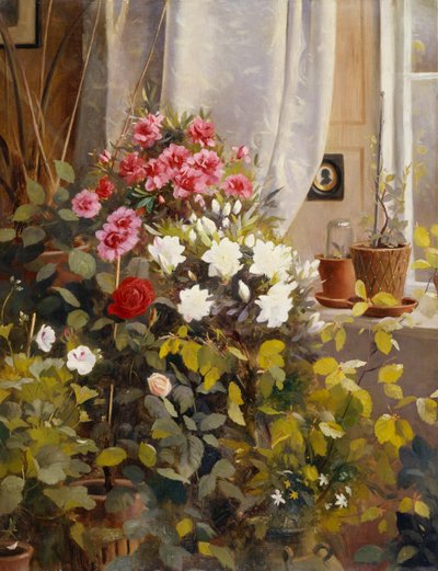 ツツジ、ゼラニウム、バラ、その他の鉢植えの植物 作： Carl Christian Carlsen