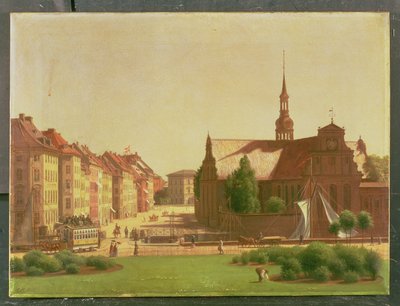 1866年、コペンハーゲンのクリスチャンスボー城の窓から見た宮殿広場とホルメンス教会 作： Carl Christian Constantin Hansen