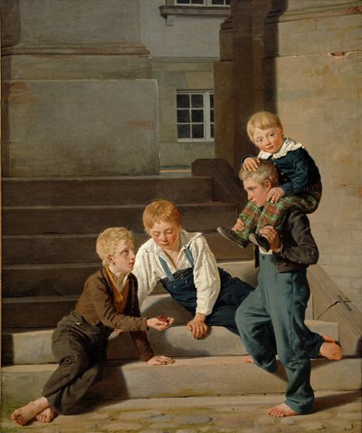 1834年、コペンハーゲンのクリスチャンスボー城の前でサイコロを振る少年たち 作： Carl Christian Constantin Hansen