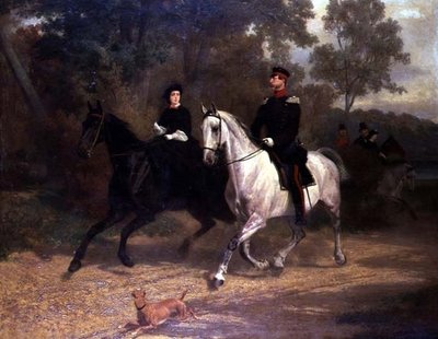 公園で乗馬するプロイセン皇太子夫妻と思われる婦人と将校 作： Carl Constantin Steffeck