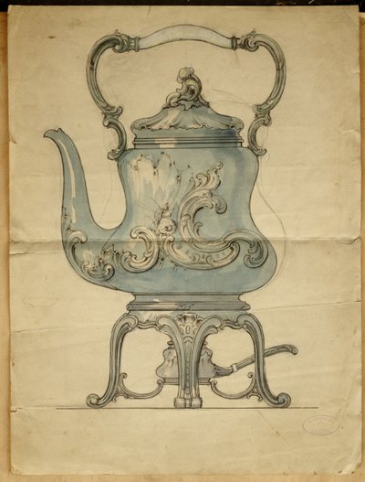 形作られた銀のやかんとスタンド、カールファベルジェの家 作： Carl Fabergé