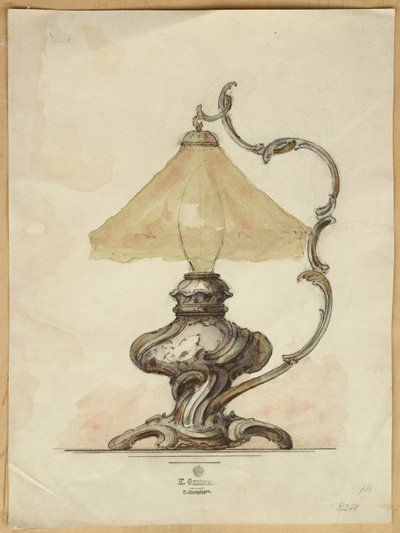 ロココ様式のねじれた溝付きボディを備えたシルバーのテーブルランプの描画、House of Carl Faberge 作： Carl Fabergé