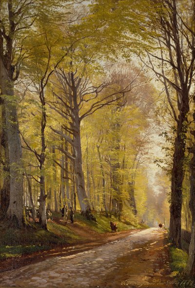遊牧民と牛のいる森の道（キャンバスに油彩） 作： Carl Frederick Aagaard