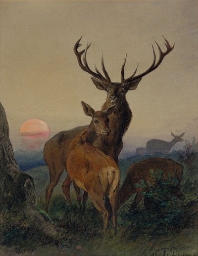 日没時の樹木が茂った風景の中で鹿と雄鹿 作： Carl Friedrich Deiker