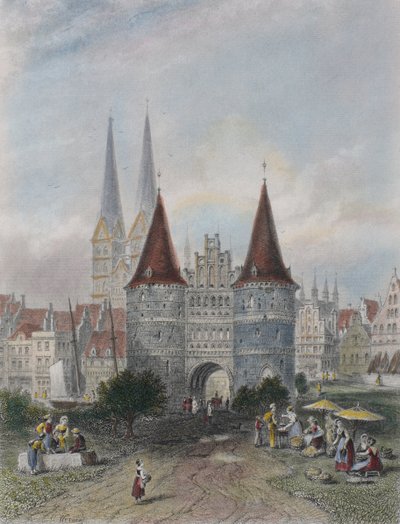 リューベックのホルステン門、ジョンゴッドフリー（1817-89）による彫刻（カラー彫刻） 作： Carl Friedrich Heinrich Werner